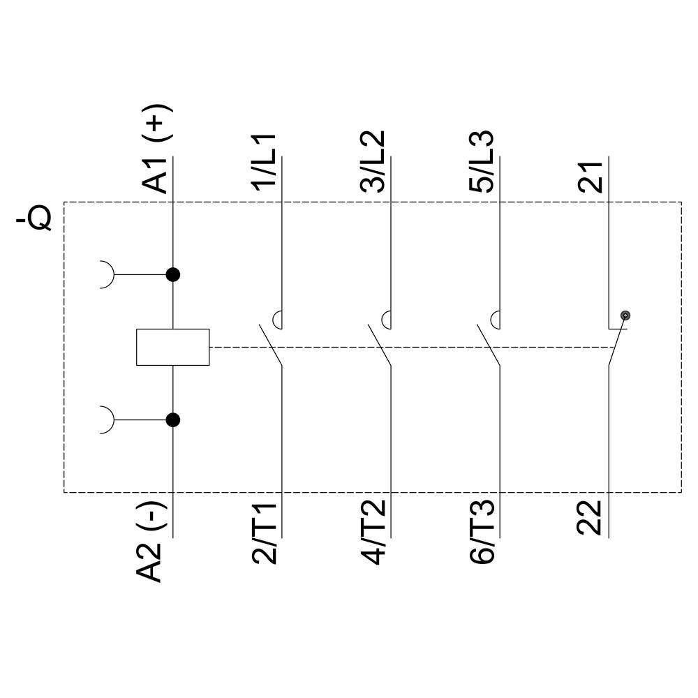 'Schemat elektryczny przełącznika z stykami A1, A2, 1/L1, 3/L2, 5/L3, 2/T1, 4/T2, 6/T3, 21 i 22. Styki są połączone liniami.'