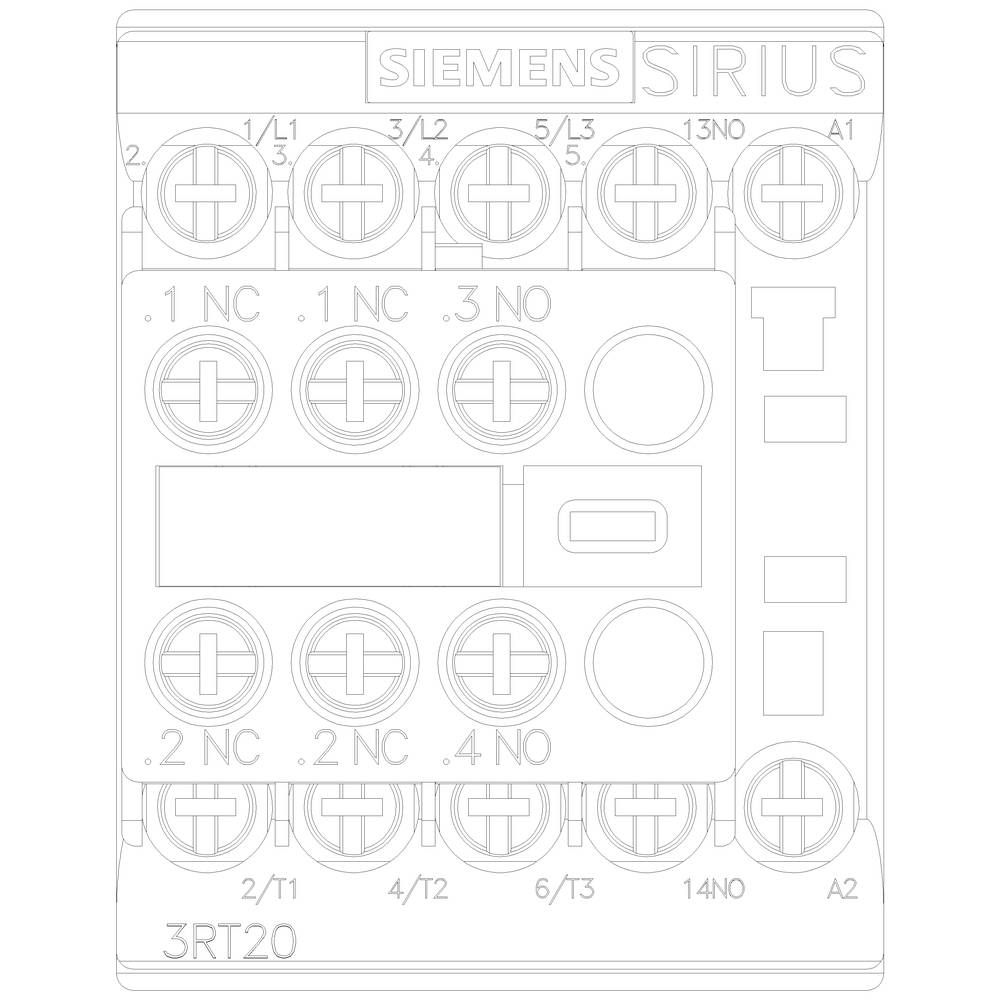 Schemat Siemens SIRIUS kontaktora, model 3RT20, z punktami przyłączeniowymi i opisami do instalacji elektrycznych.