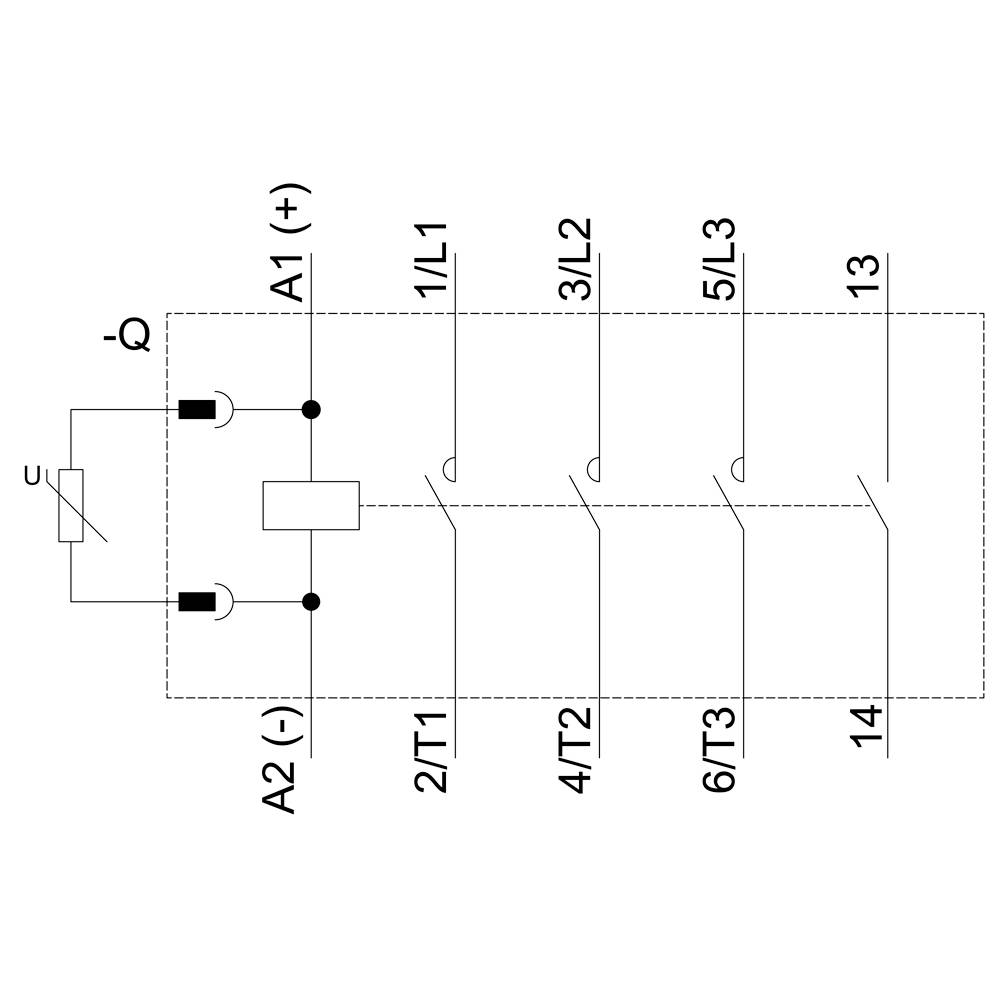 Schemat elektryczny trójfazowego przekaźnika z obwodem cewki U w górnym lewym rogu oraz zaciskami faz wejściowych i wyjściowych L1, L2, L3.