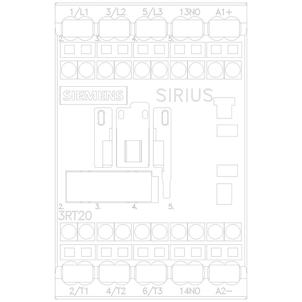 Na ilustracji widać rysunek techniczny urządzenia łączeniowego Siemens SIRIUS 3RT20 z oznaczonymi zaciskami.