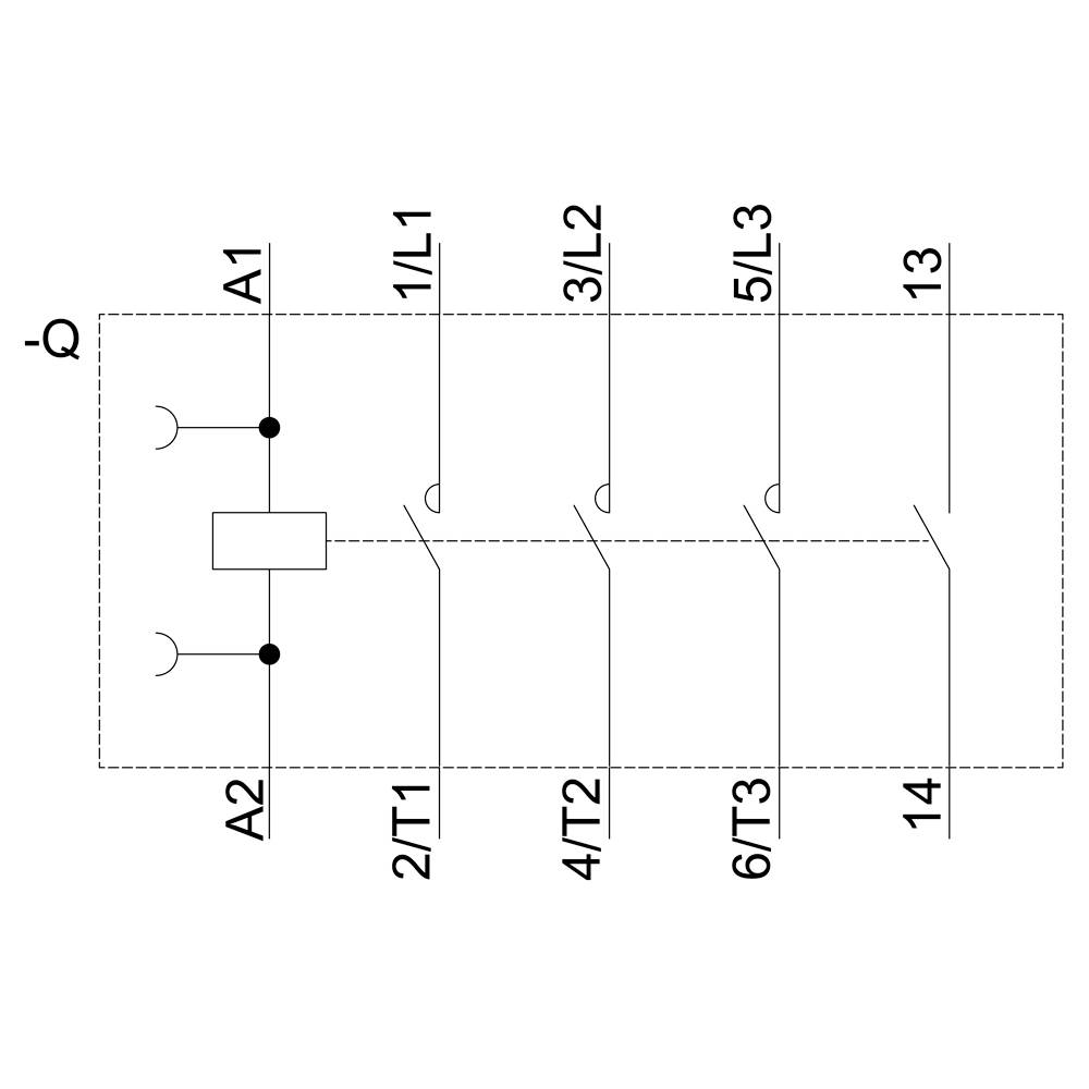 Schemat elektryczny urządzenia łączeniowego z zaciskami cewki A1, A2 oraz stykami zasilającymi 1/L1, 2/T1, 3/L2, 4/T2, 5/L3, 6/T3, 13, 14.