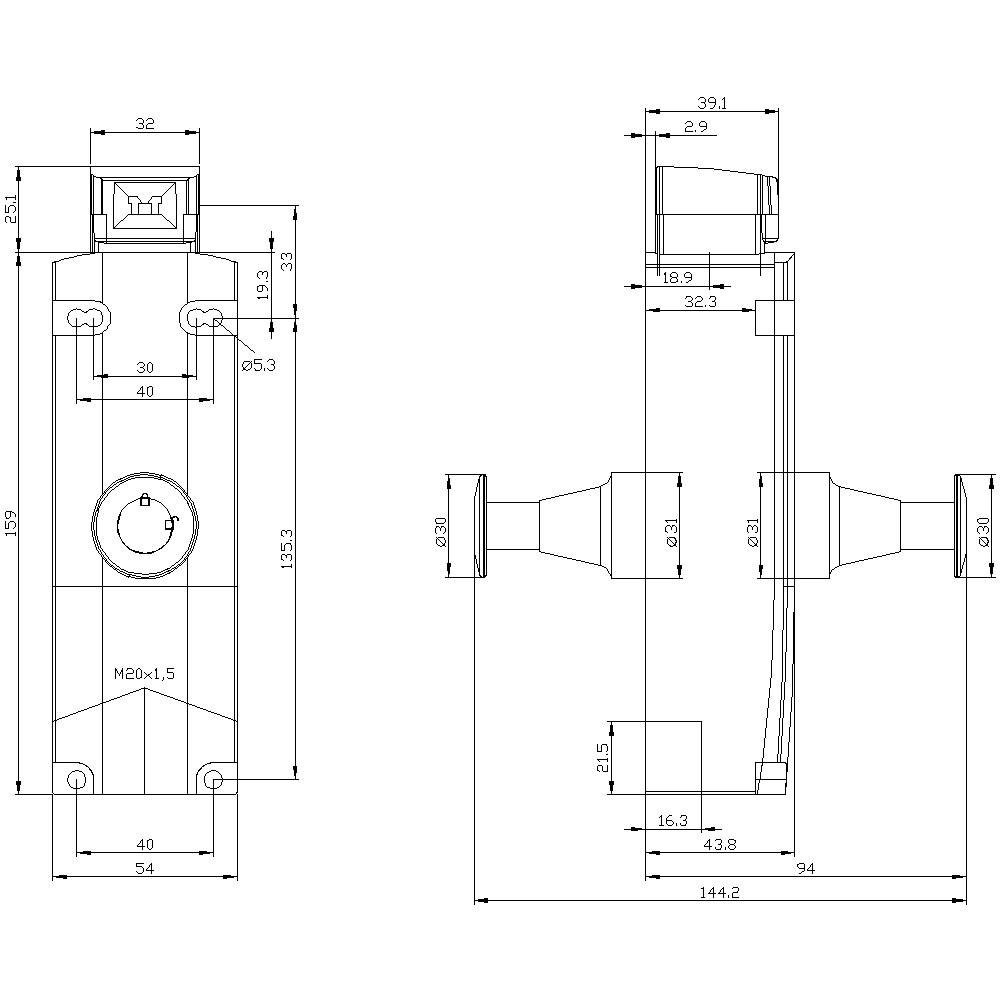 Rysunek techniczny elementu z wymiarami. Przedstawia widok z przodu i z boku wraz ze szczegółami, takimi jak długość, szerokość i otwory.