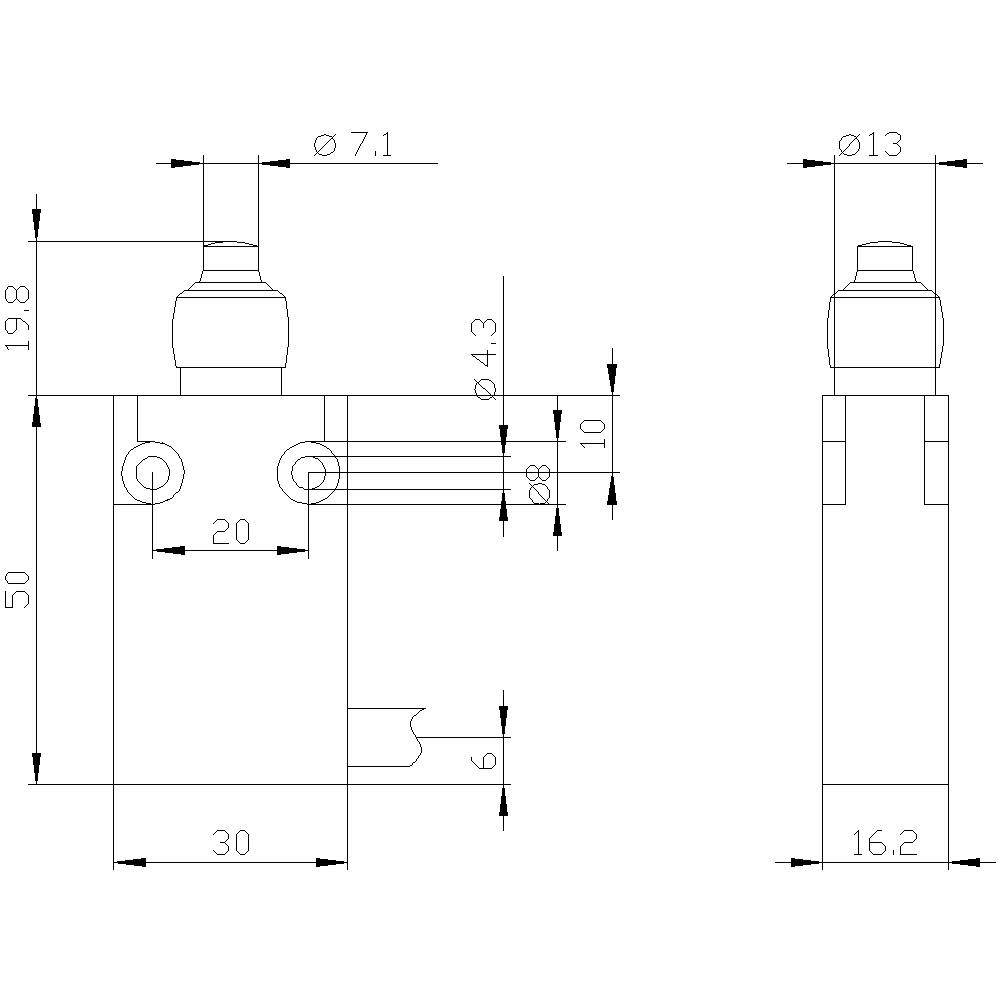 Rysunek techniczny cylindrycznej części z wymiarami: całkowita szerokość 30 mm, wysokość 50 mm, średnica 7,1 mm i 13 mm.