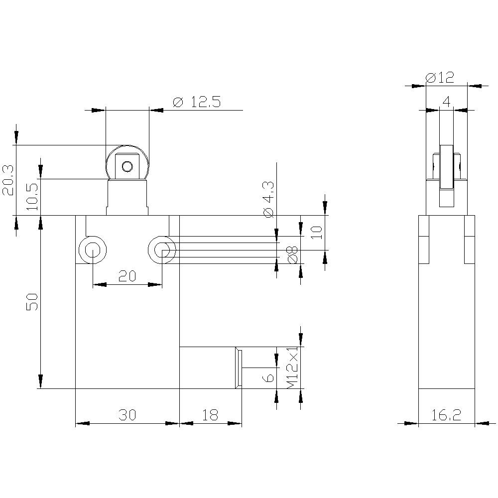 Rysunek techniczny elementu z wymiarami: Wysokość 50, Szerokość 30, Średnica otworu 12,5, różne wymiary i szczegóły są oznaczone.