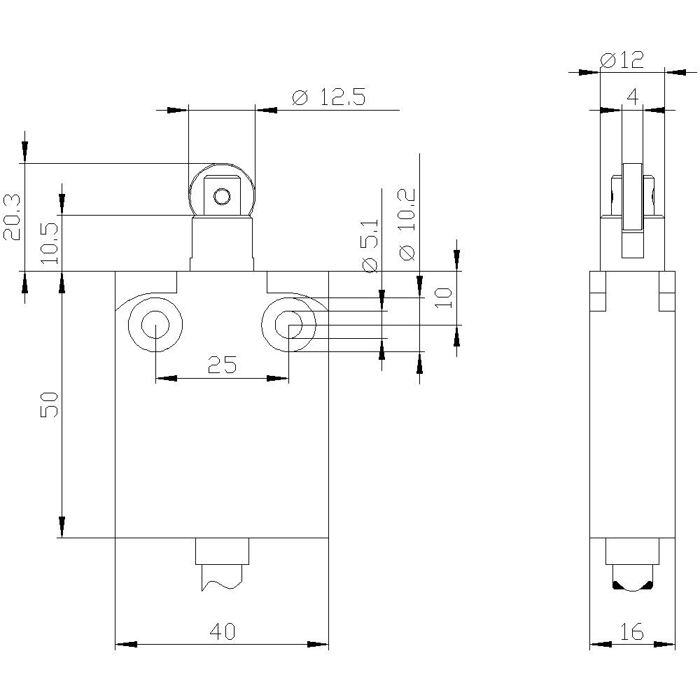 Rysunek techniczny siłownika pneumatycznego z wymiarami: wysokość 50 mm, szerokość 40 mm, średnica otworu 12 mm.