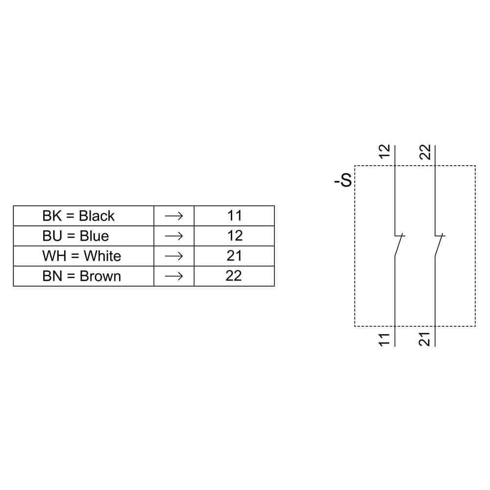 Tabela pokazuje kody kolorów przewodów: BK = Czarny, BU = Niebieski, WH = Biały, BN = Brązowy. Diagram przedstawia okablowanie: 11 do 22, 12 do 21.