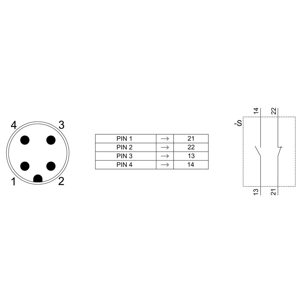 Diagram wtykowy z czterema złączami, ponumerowanymi od 1 do 4. Tabela przedstawia połączenia: Pin 1 do 21, Pin 2 do 22, Pin 3 do 13, Pin 4 do 14.