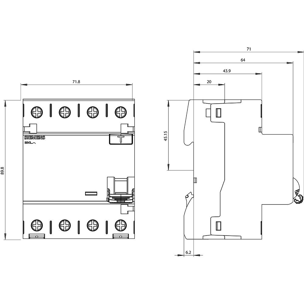 'Moduł szynowy DIN - diagram z wymiarami: szerokość 71,8 mm, wysokość 89,8 mm; widok z boku głębokość 71 mm, wysokość 45,1 mm.'