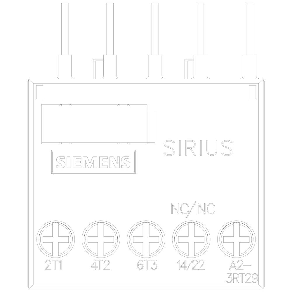 Urządzenie rozłączające Siemens SIRIUS z pięcioma złączami kablowymi u góry, czterema okrągłymi złączami u dołu; oznaczone napisami '2T1', '4T2', '6T3', '14/22', 'A2-3RT29'.