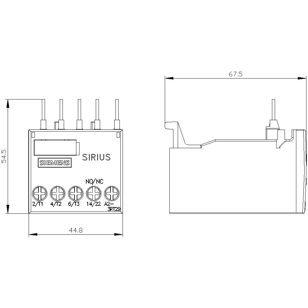 Rysunek modułu przekaźnika elektrycznego Siemens 'SIRIUS' z wymiarami technicznymi i szczegółami podłączenia.