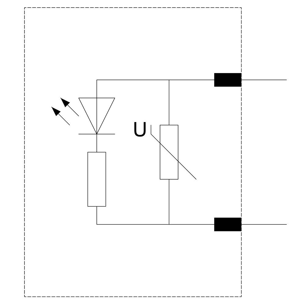 Schemat połączenia elektrycznego z diodą LED, rezystorem i źródłem napięcia 'U'. Podwójna strzałka wskazuje na diodę LED, co oznacza emisję światła.