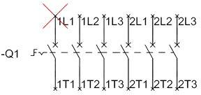 Schemat połączeń z poprzecznym 'L1'. Linie łączą zaciski L (L1, L2, L3) z zaciskami T (T1, T2, T3).