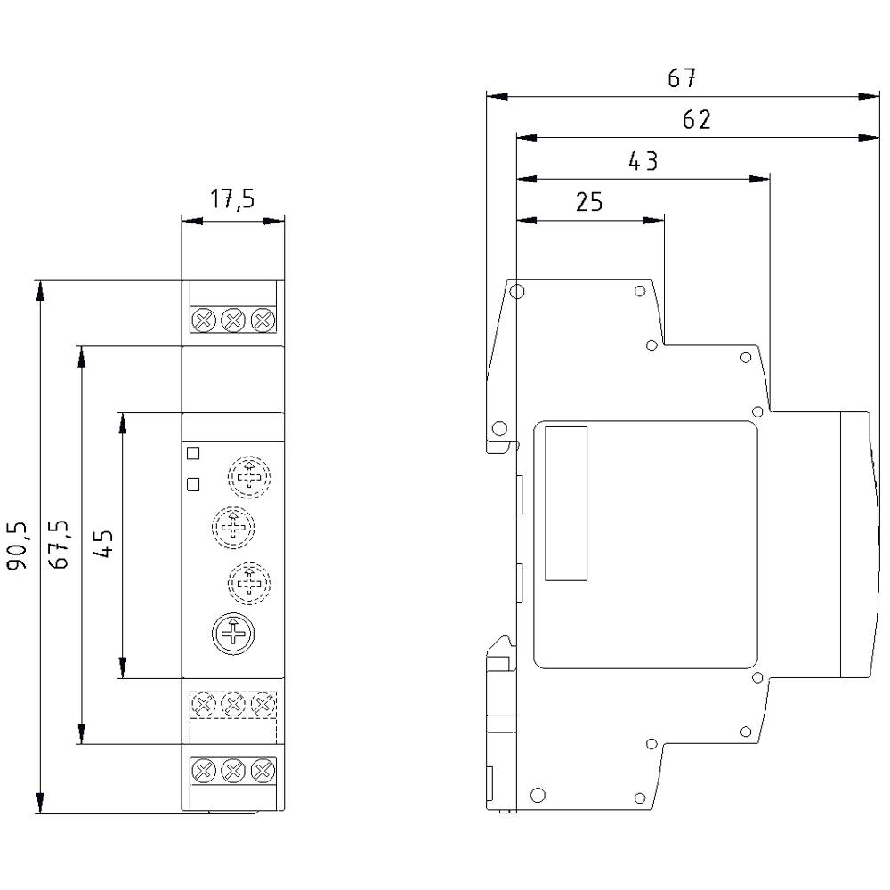 Rysunek techniczny urządzenia elektronicznego z wymiarami: wysokość 90,5 mm, szerokość 67 mm, głębokość 62 mm.