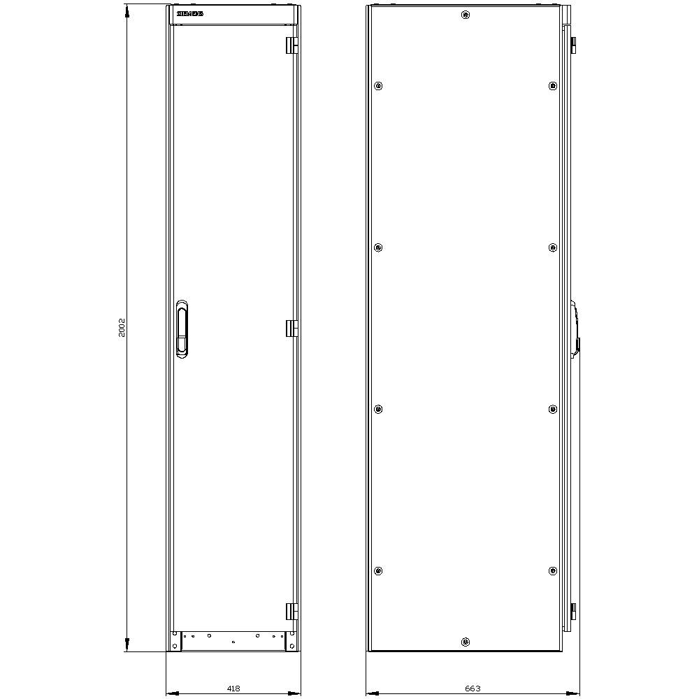 'Dwa widoki prostokątnej szafy sterowniczej o wymiarach: wysokość 2200 mm, szerokości 448 mm i 663 mm, każda z drzwiami.'