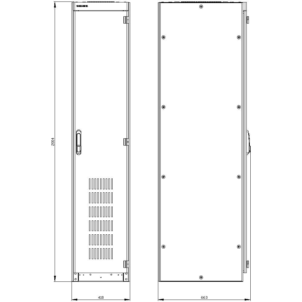Rysunek techniczny obudowy metalowej z drzwiami i otworami wentylacyjnymi, widok z przodu i boku. Wymiary: wysokość 2004 mm.