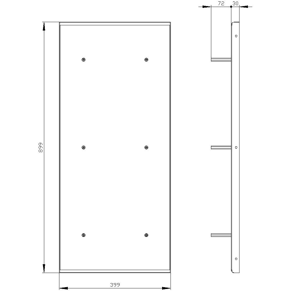 Rysunek techniczny prostokątnego elementu z wymiarami: 839 mm x 399 mm x 72 mm. Widocznych sześć punktów mocujących.