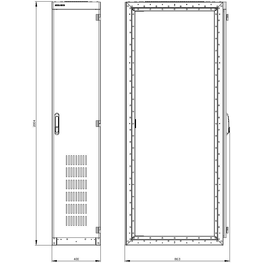 Rysunek techniczny metalowej szafy z wymiarami: wysokość 2000 mm, szerokość 600 mm, przedstawiający widok z przodu i z boku.