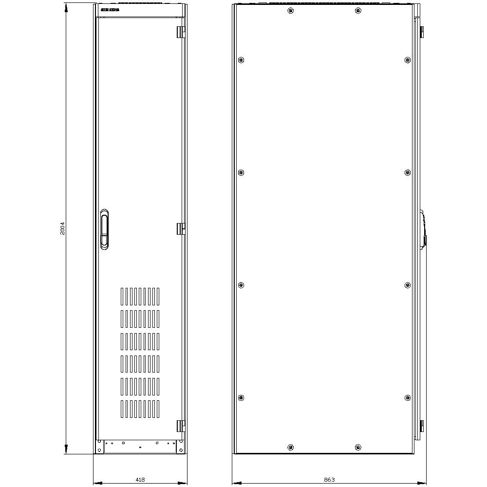 Widok z przodu i z boku szafy sterowniczej o wymiarach: wysokość 2800 mm, szerokość 418 mm, głębokość 863 mm.