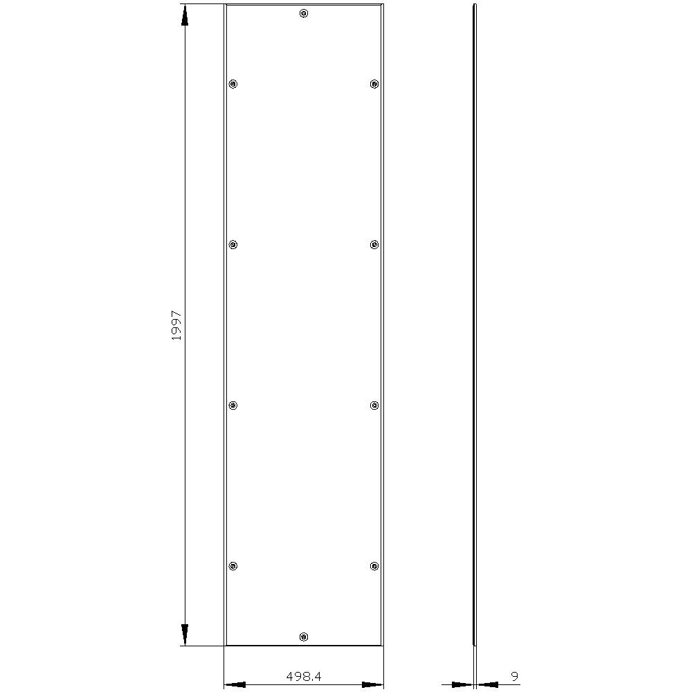 Rysunek techniczny prostokątnej płyty o wymiarach 1997 x 498,4 x 9 mm, przedstawiony w widoku przedniem i bocznym, z punktami mocowania.