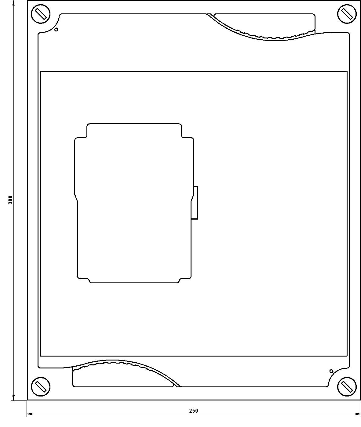 Rysunek techniczny prostokątnej obudowy o wymiarach 250 x 250 mm z zaokrąglonymi narożnikami i centralnym wycięciem.