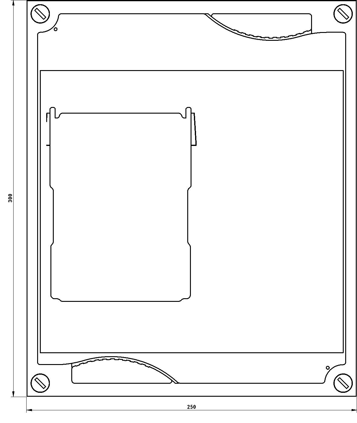 Rysunek techniczny prostokątnego elementu, 350 x 250 mm. Szczeliny i otwory w narożnikach, centralne wycięcie po lewej stronie.