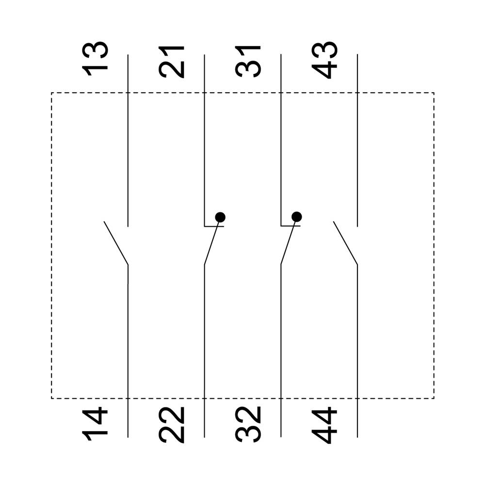 Diagram czterech pionowych linii, numerowanych u góry: 13, 21, 31, 43 oraz u dołu: 14, 22, 32, 44. Linie posiadają rozgałęzienia w środkowej części.