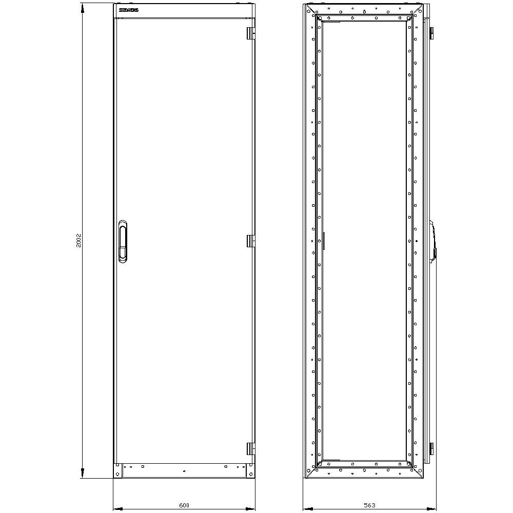 Rysunek 'Siemensa' przedstawia widoki prostokątnej metalowej obudowy z klamką i zawiasami, o wymiarach 600 mm x 2453 mm.