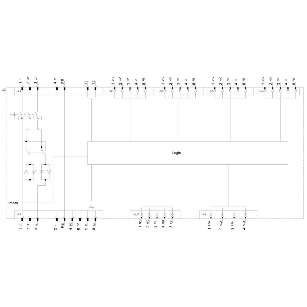 Schemat elektryczny systemu elektronicznego z modułem wejścia, modułem logicznym i modułem wyjścia. Komponenty są połączone ze sobą przewodami.