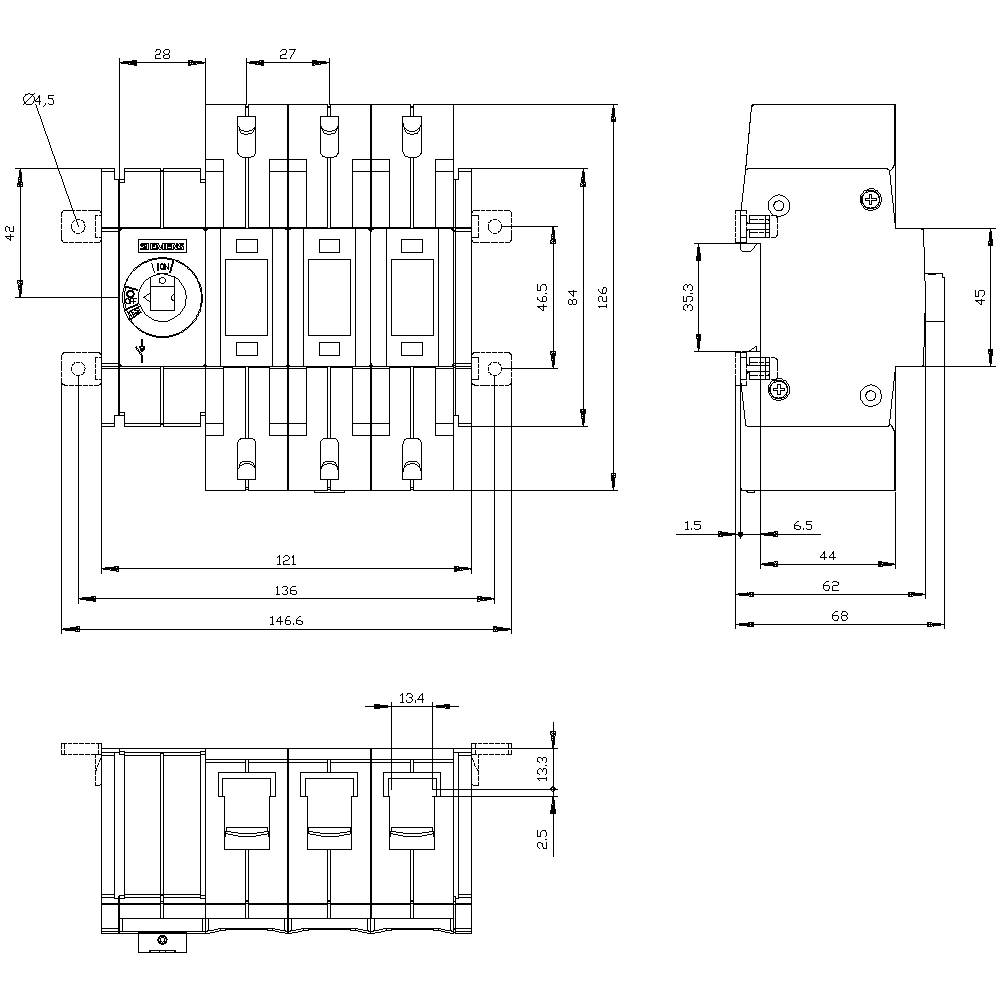 Rysunek techniczny przełącznika przedstawia widok z przodu, z boku oraz z góry, z dokładnymi wymiarami podanymi w milimetrach.