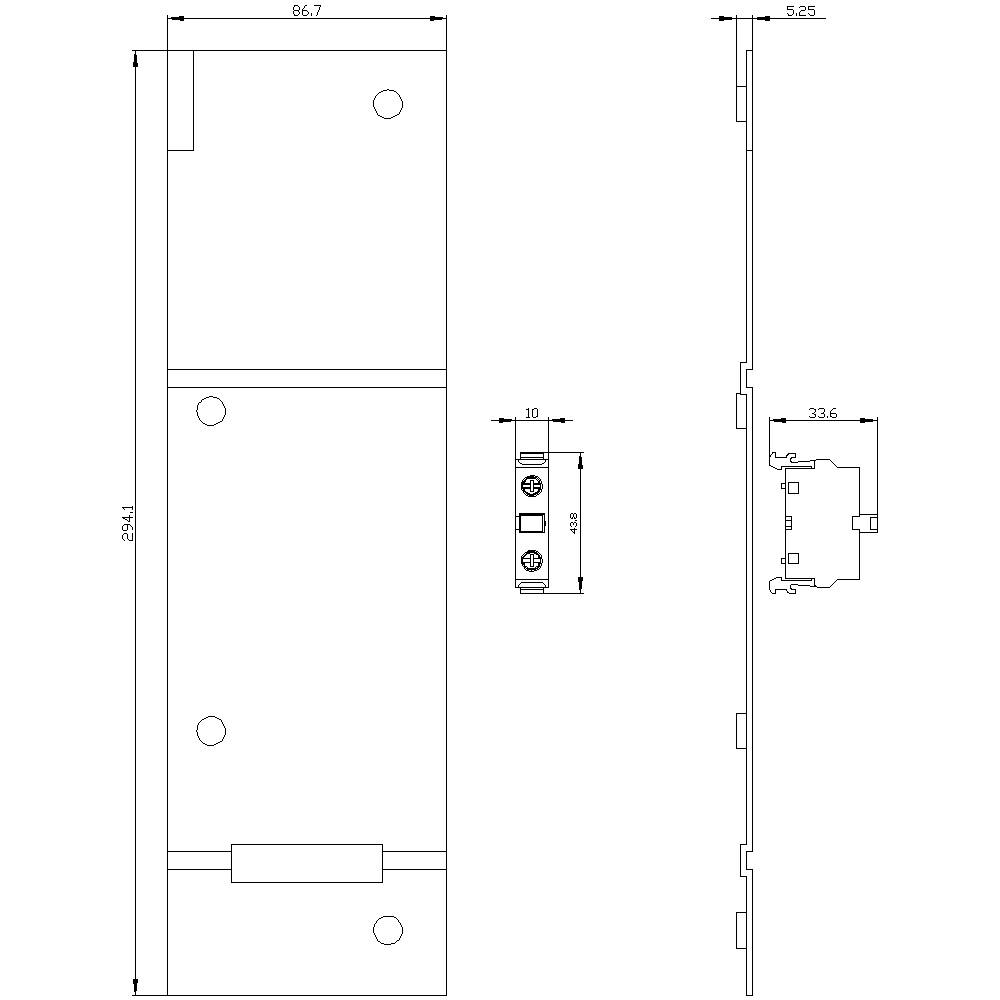 Rysunek techniczny prostokątnego elementu o wymiarach 254x86,7 mm. Widok z boku przedstawia wysokość 52,5 mm, szczegóły zawierają wymiary otworów montażowych.
