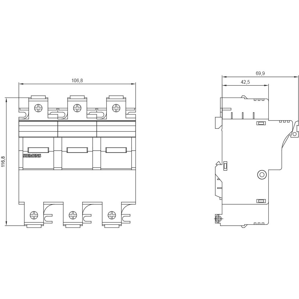 Rysunek techniczny trójbiegunowego wyłącznika mocy przedstawiony z wymiarami w milimetrach z widokiem z przodu i z boku.