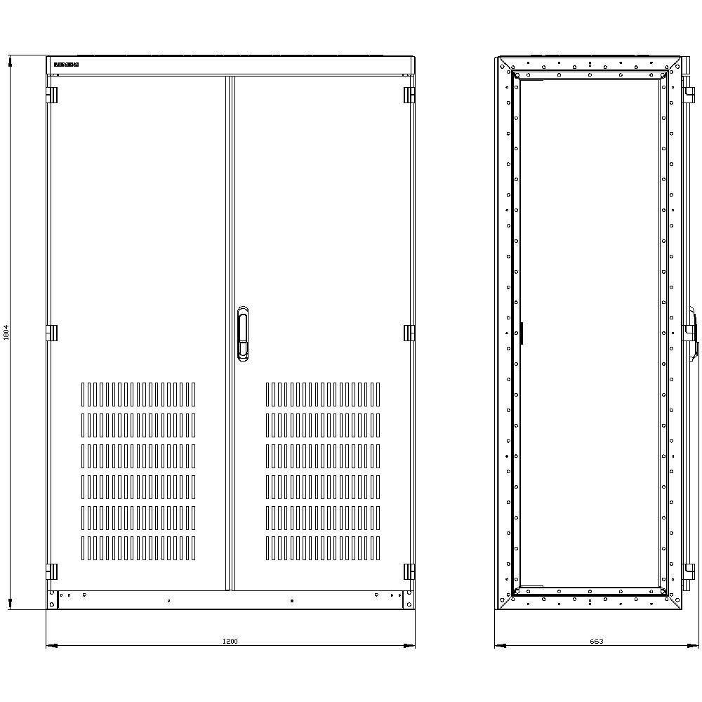 Rysunek techniczny obudowy prostokątnej z widokiem z przodu i z boku. Wymiary wynoszą 1200 mm szerokości i 663 mm głębokości.