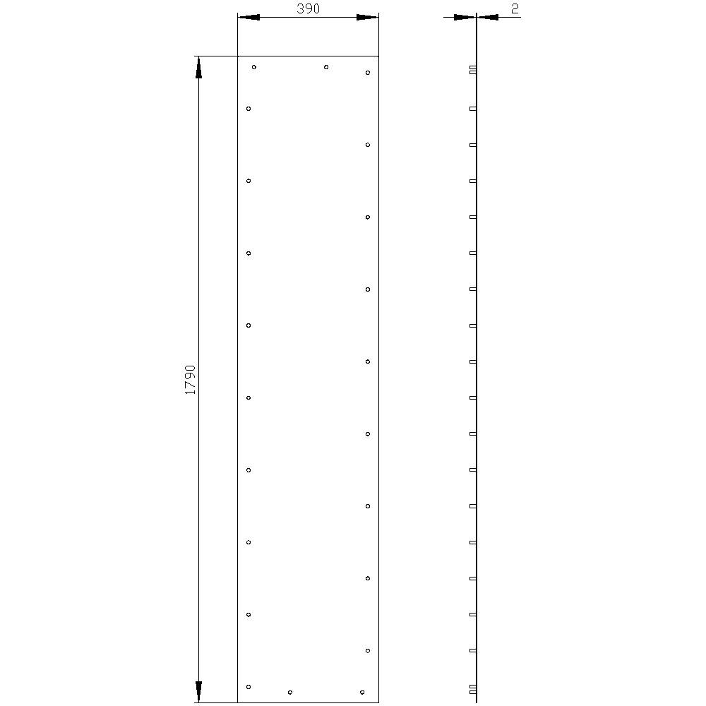 Techniczny diagram przedstawia prostokątną płytę o wymiarach 390 mm szerokości, 1790 mm wysokości i 2 mm grubości.