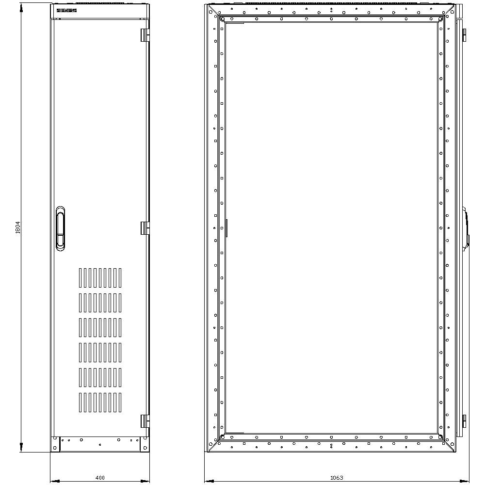 'Rysunek techniczny szafy sterowniczej w dwóch widokach: widok czołowy i widok boczny z wymiarami 1894 mm i 408 mm.'