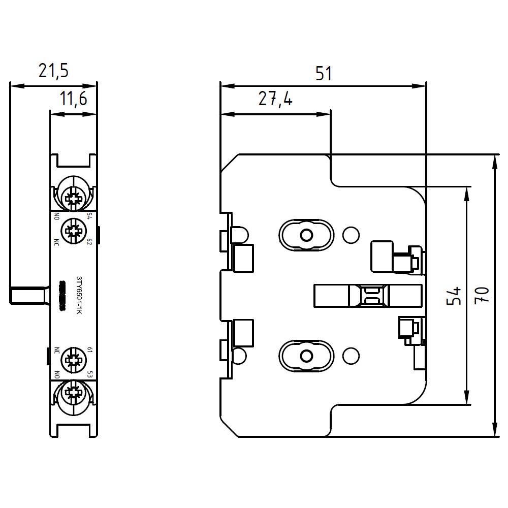 Rysunek techniczny prostokątnego mechanizmu o wymiarach 21,5x70 mm, przedstawiający komponenty wewnętrzne oraz otwory mocujące.