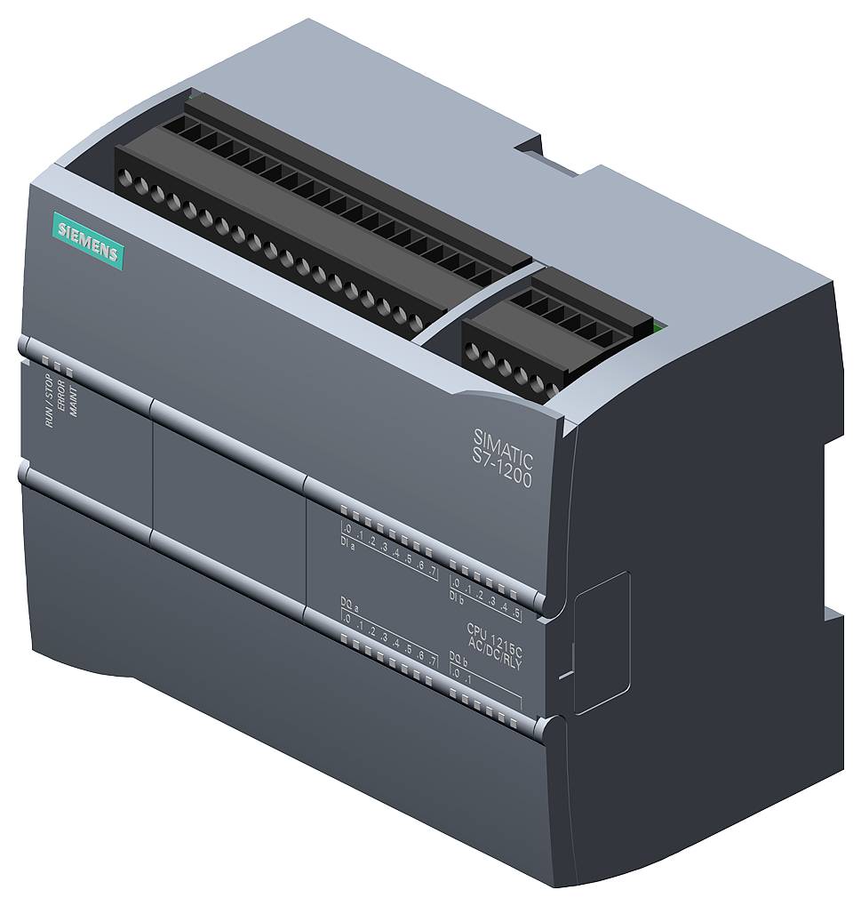 Szary sterownik SIMATIC S7-1200 firmy Siemens z przyłączami i wskaźnikami LED do celów automatyzacji przemysłowej.