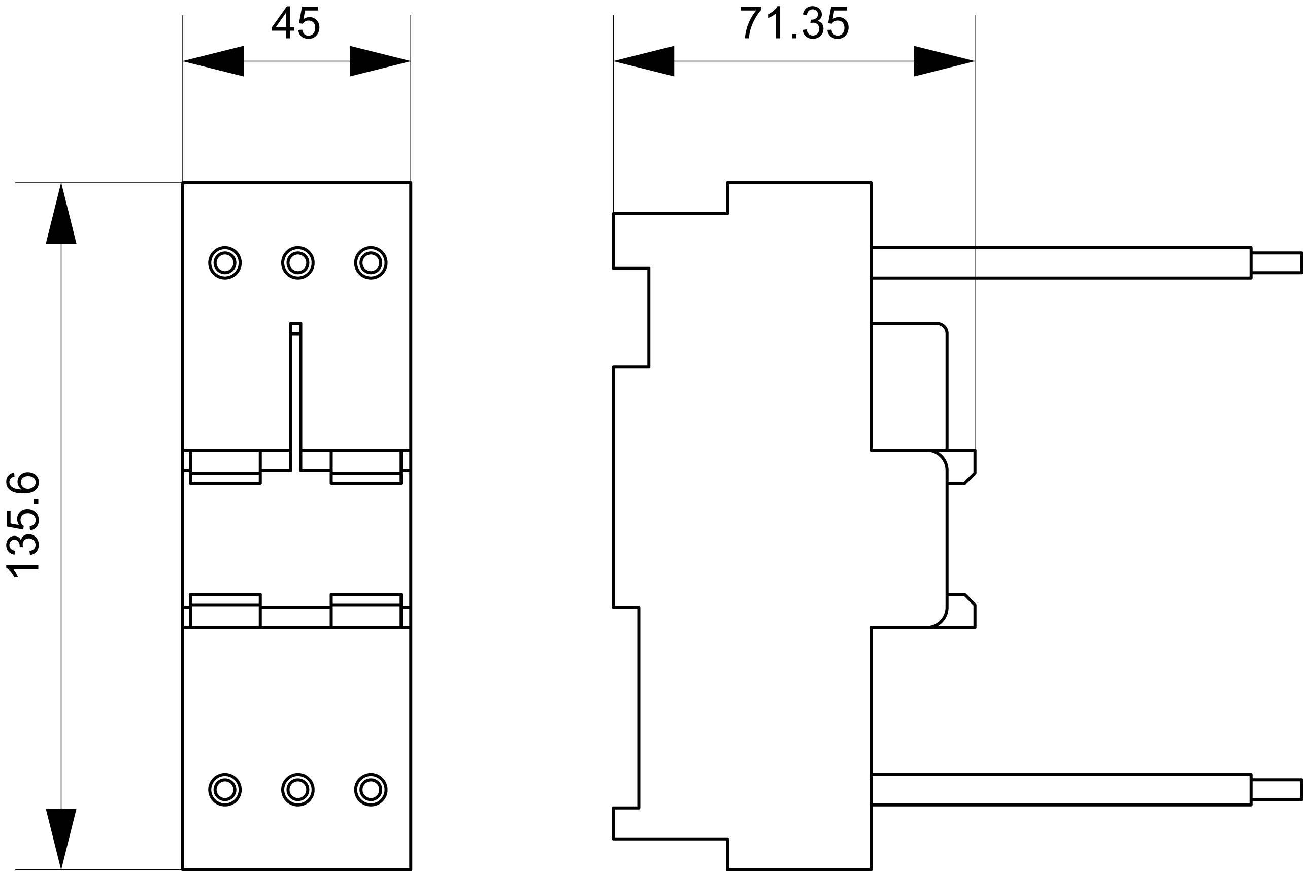 Rysunek techniczny prostokątnego elementu o wymiarach 135,6 x 71,35 x 45 mm, przedstawiający widok z góry i widok z boku.