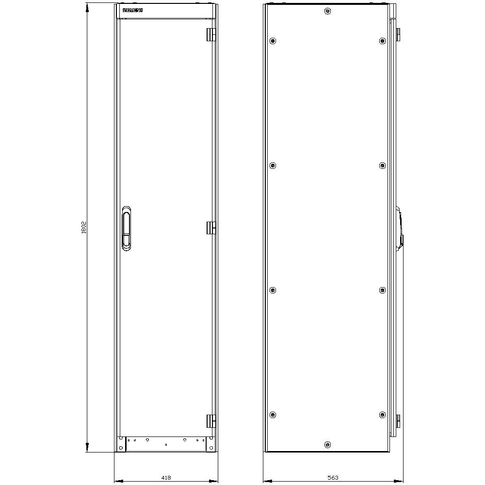 'Rysunek schematyczny wysokiej, wąskiej szafy z widokiem z przodu i boku. Wymiary: wysokość 1952 mm, szerokość 418 mm, głębokość 563 mm.'