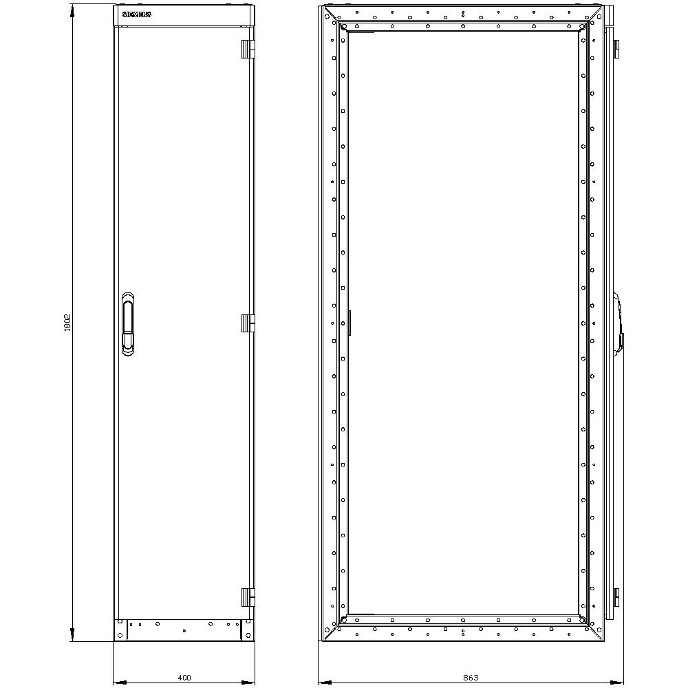 Rysunek techniczny wąskiej szafy z wymiarami: wysokość 1802 mm, szerokość 400 mm. Widok z przodu i z boku.