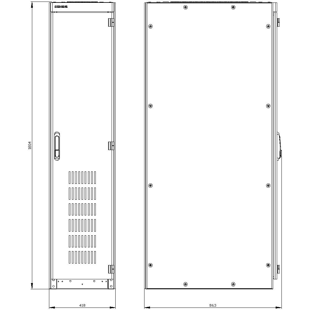 Widok z przodu i z boku rysunku technicznego prostokątnej szafy z otworami wentylacyjnymi i uchwytem. Wymiary: wysokość 1954 mm, szerokość 418 mm (widok z przodu), 853 mm (widok z boku).