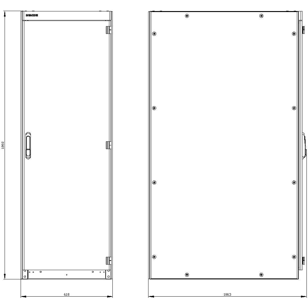 Rysunek techniczny szafy prostokątnej o wymiarach 630 mm szerokości i 1853 mm wysokości, widok z przodu i z boku.