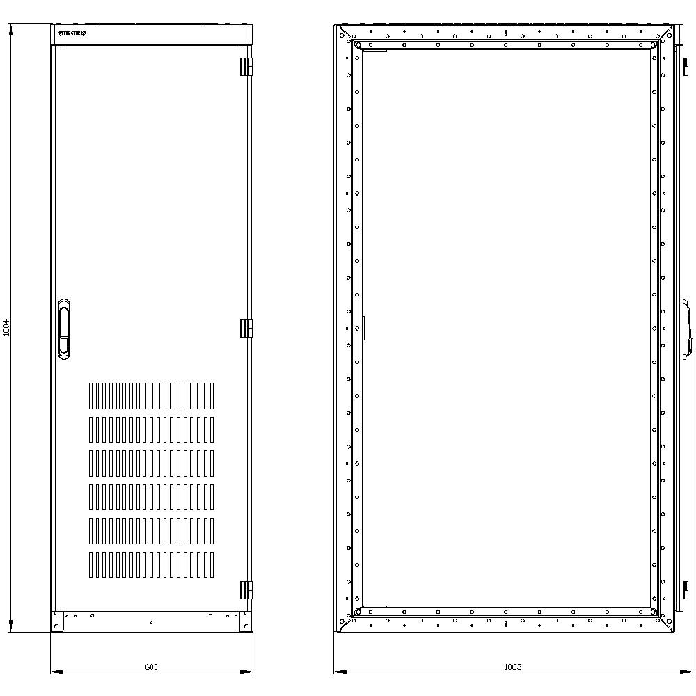 Widok z przodu i z boku prostokątnej metalowej szafki z otworami wentylacyjnymi i uchwytami po obu stronach. Wymiary: 800 x 600.