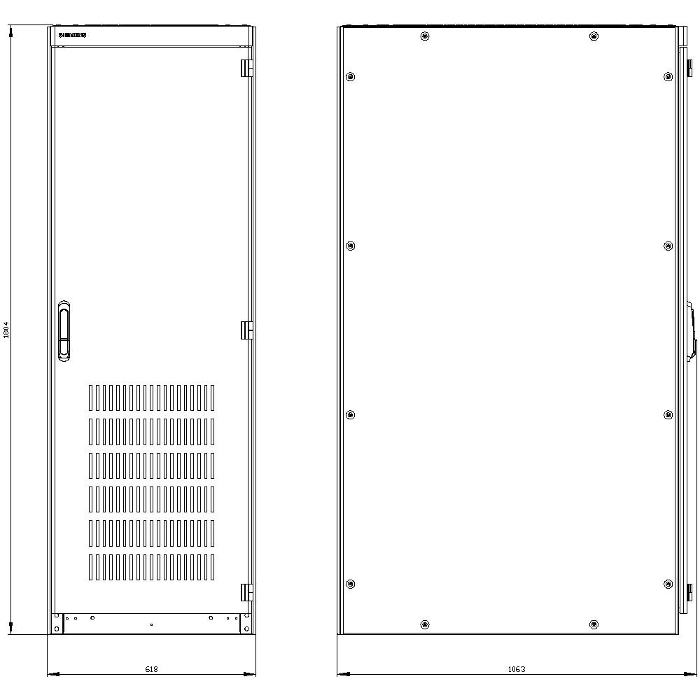Ilustracja czarno-biała dużej, prostokątnej szafy z klamką i otworami wentylacyjnymi na przedniej ścianie. Podane są wymiary.