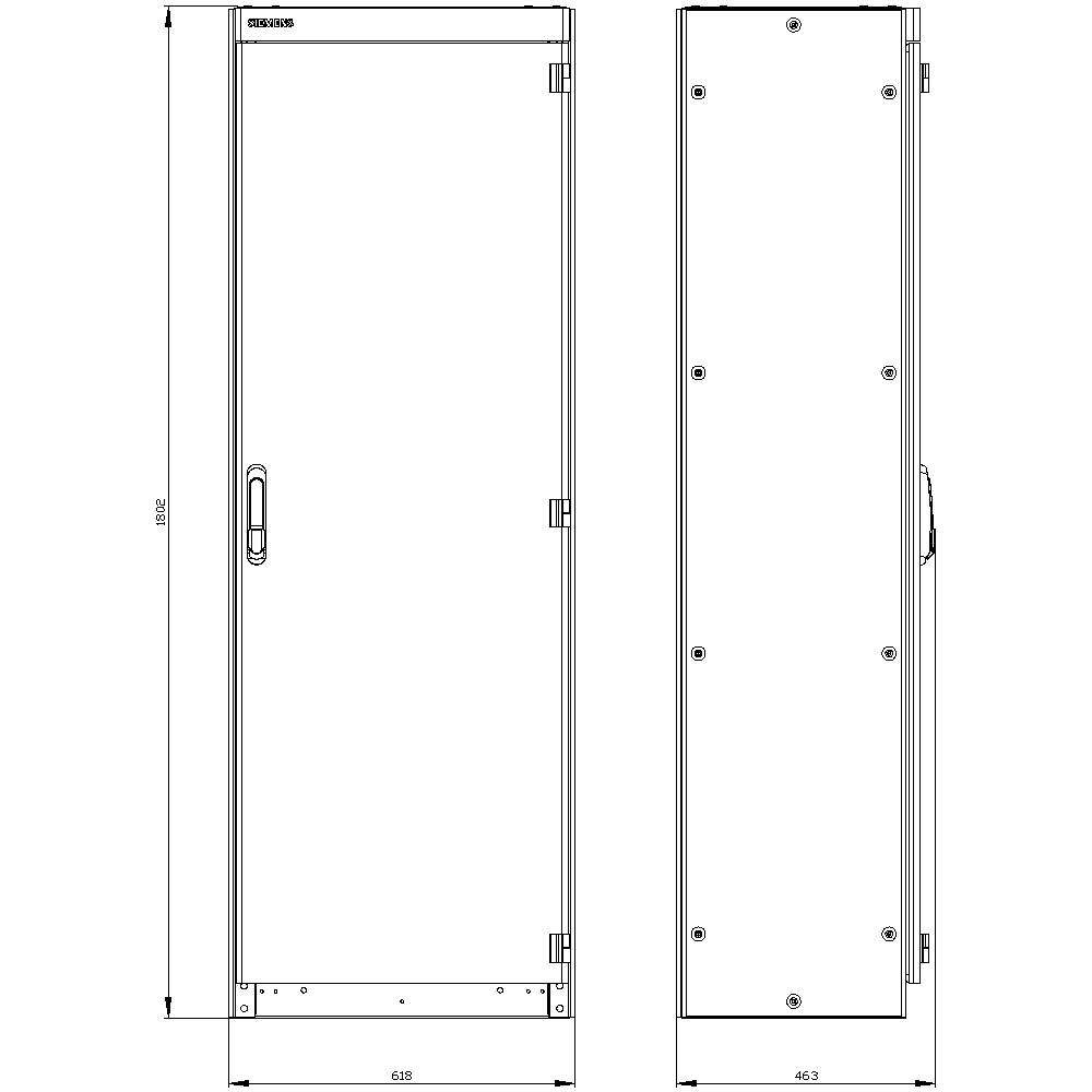 Rysunek techniczny prostokątnej szafy sterowniczej z wymiarami: wysokość 1800 mm, szerokość 618 mm, głębokość 463 mm. Widok z przodu i z boku.