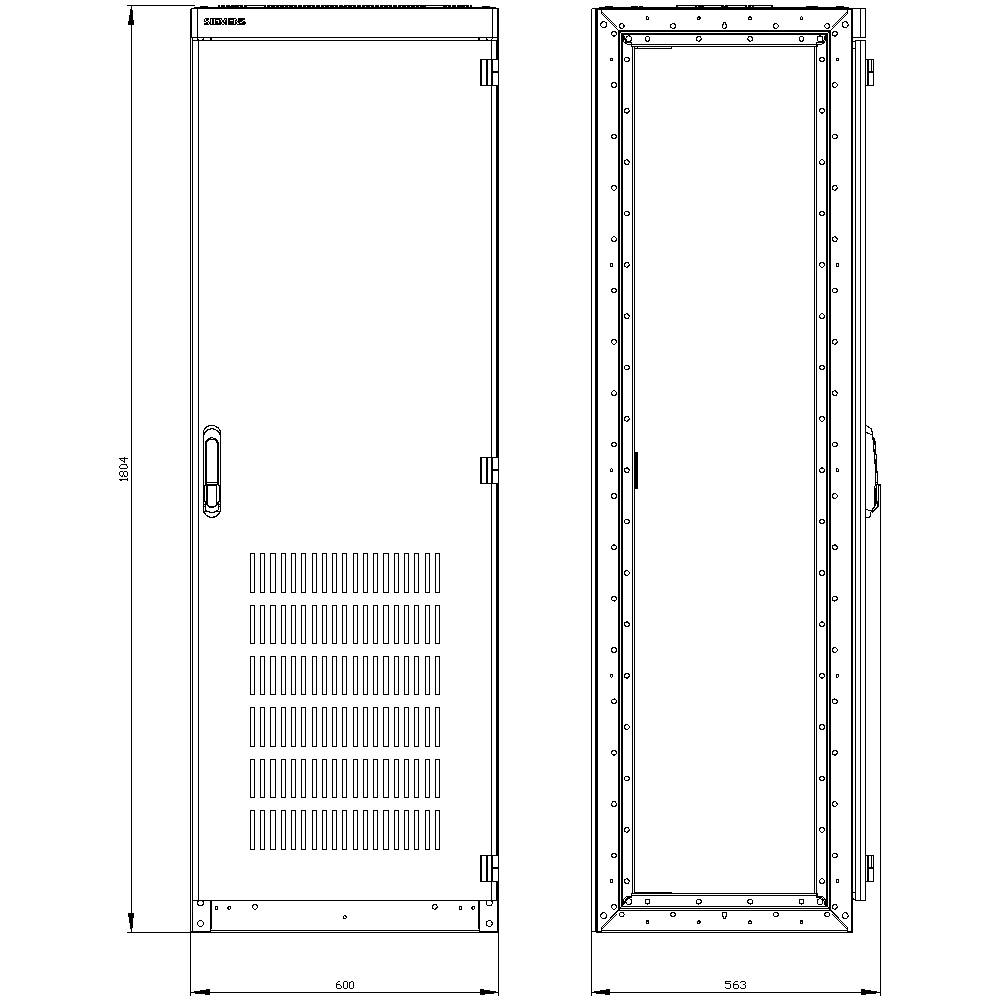 Rysunek przedstawia dokumentację techniczną szafy sterowniczej z widokiem z przodu i z boku, z wymiarami 600 mm szerokości i 1953 mm wysokości.