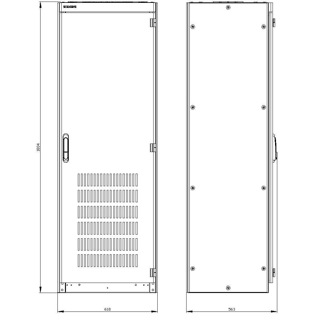Widok z przodu i z boku prostokątnej metalowej obudowy z kratkami wentylacyjnymi o wymiarach: 1984 mm wysokości, 618 mm szerokości, 363 mm głębokości.