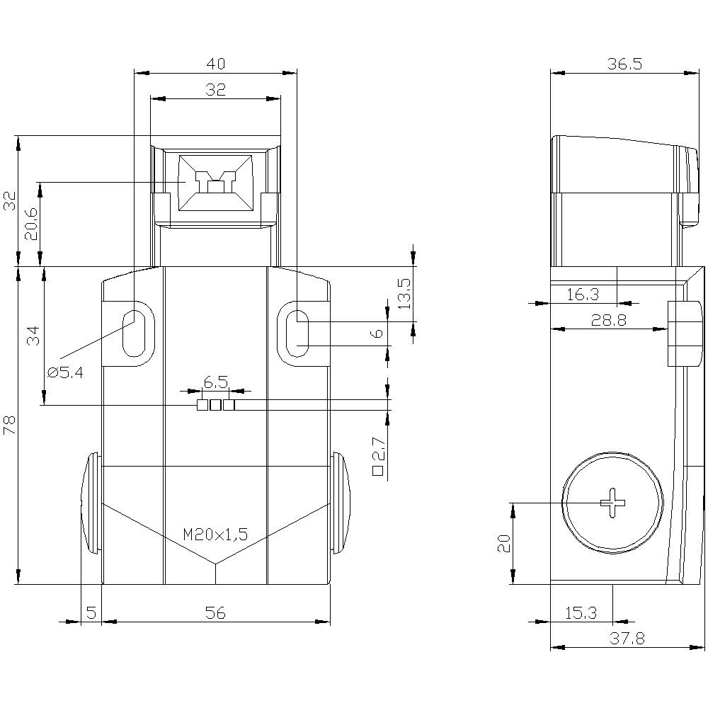 Rysunek techniczny elementu mechanicznego z wymiarami w milimetrach. Przedstawia widok z przodu i z boku wraz ze szczegółowymi specyfikacjami.