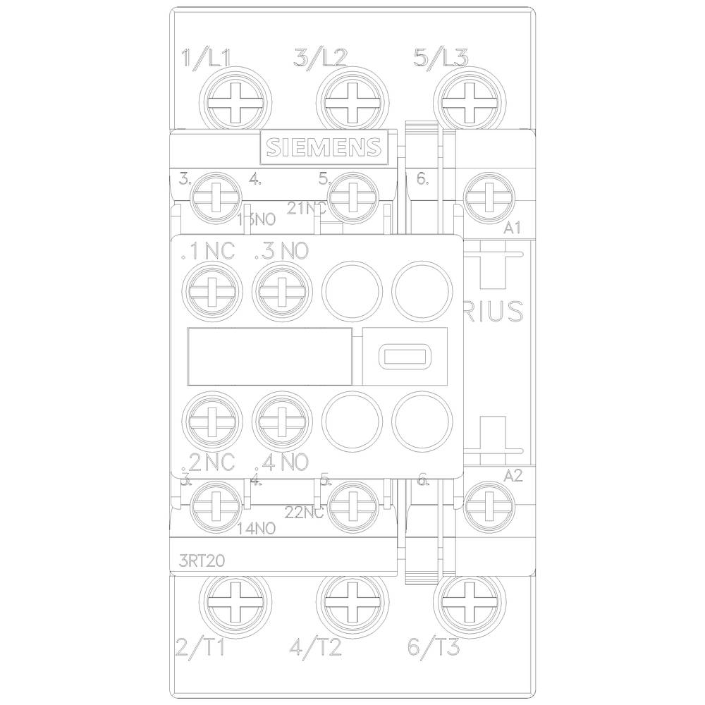 Techniczny diagram kontaktora Siemensa. Przedstawia podłączenia, styki przełączające i oznaczenia do kontroli obwodów elektrycznych.