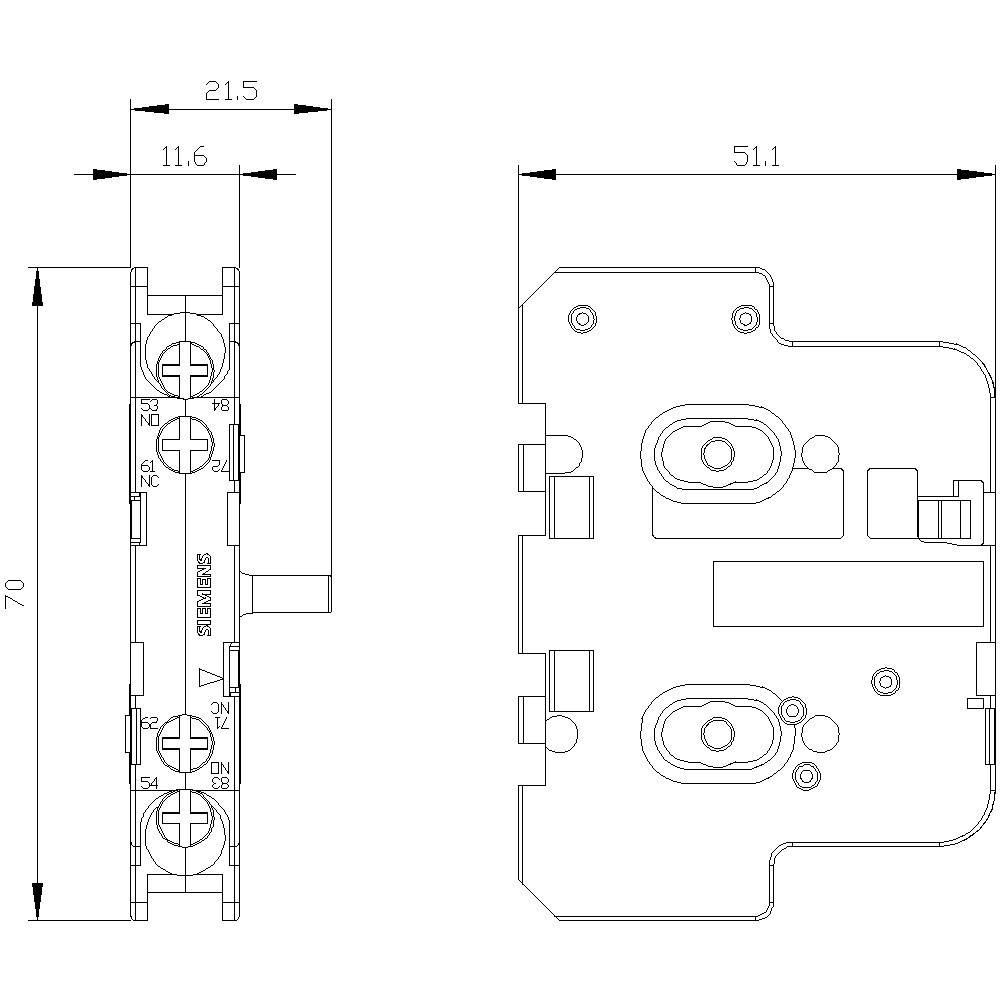Rysunek techniczny elementu z wymiarami: 70 mm wysokości, 21,5 mm i 51,1 mm szerokości. Przedstawiono widoki boczne i górne.