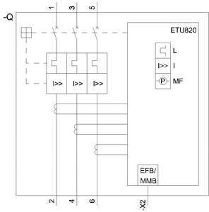 Schemat elektryczny urządzenia z oznaczeniami 'ETU820', 'L', 'I', 'MF' oraz 'EFB/MMB'. Przedstawia okablowanie i pozycje przełączników.